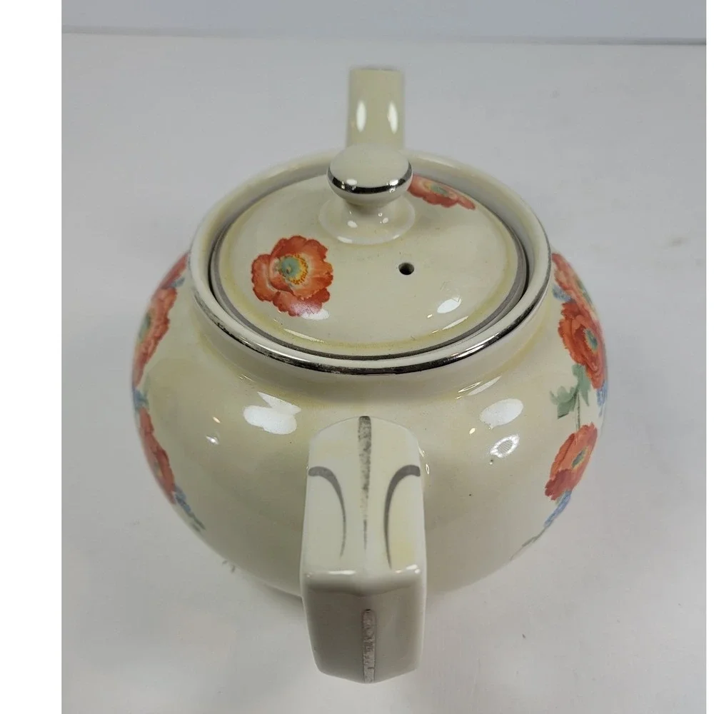 Vintage 1930s Hall China Poppy Teapot Cream Orange Flowers Platinum Trim USA